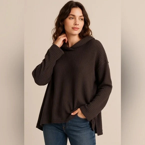 Free People Waffle Knit Boho Relaxed Fit Cowl Neck Sweater Size Small - Picture 2 of 16